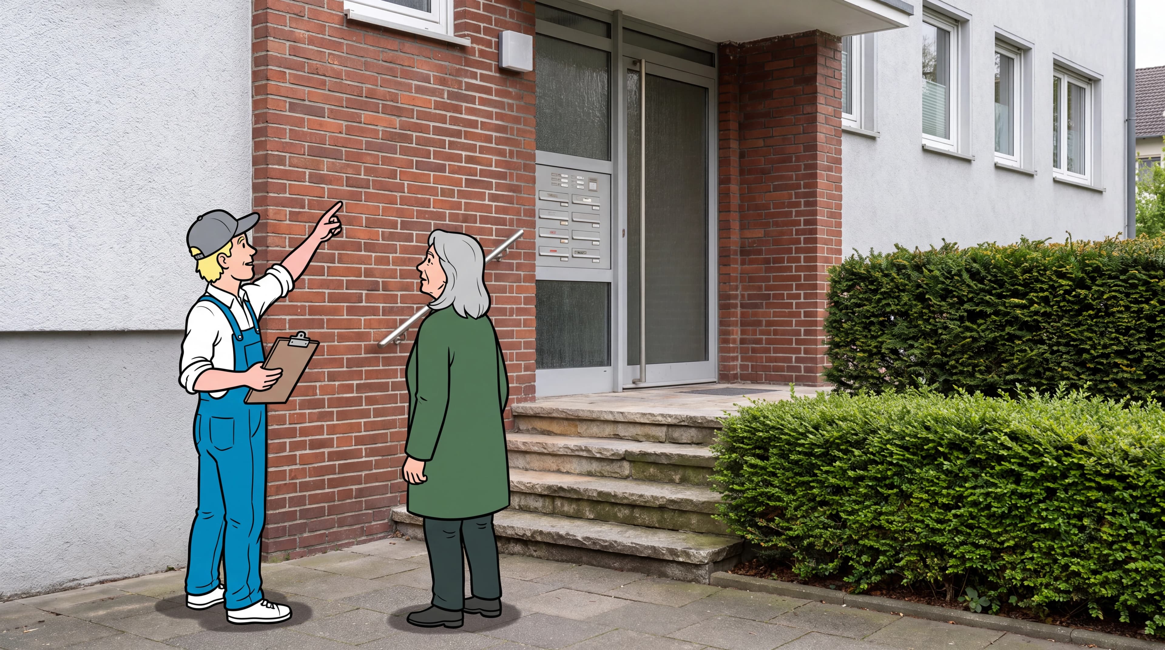 Mitarbeiter der Gebäudereinigung Linden bespricht bei der Besichtigung eine Fassade mit einer Kundin