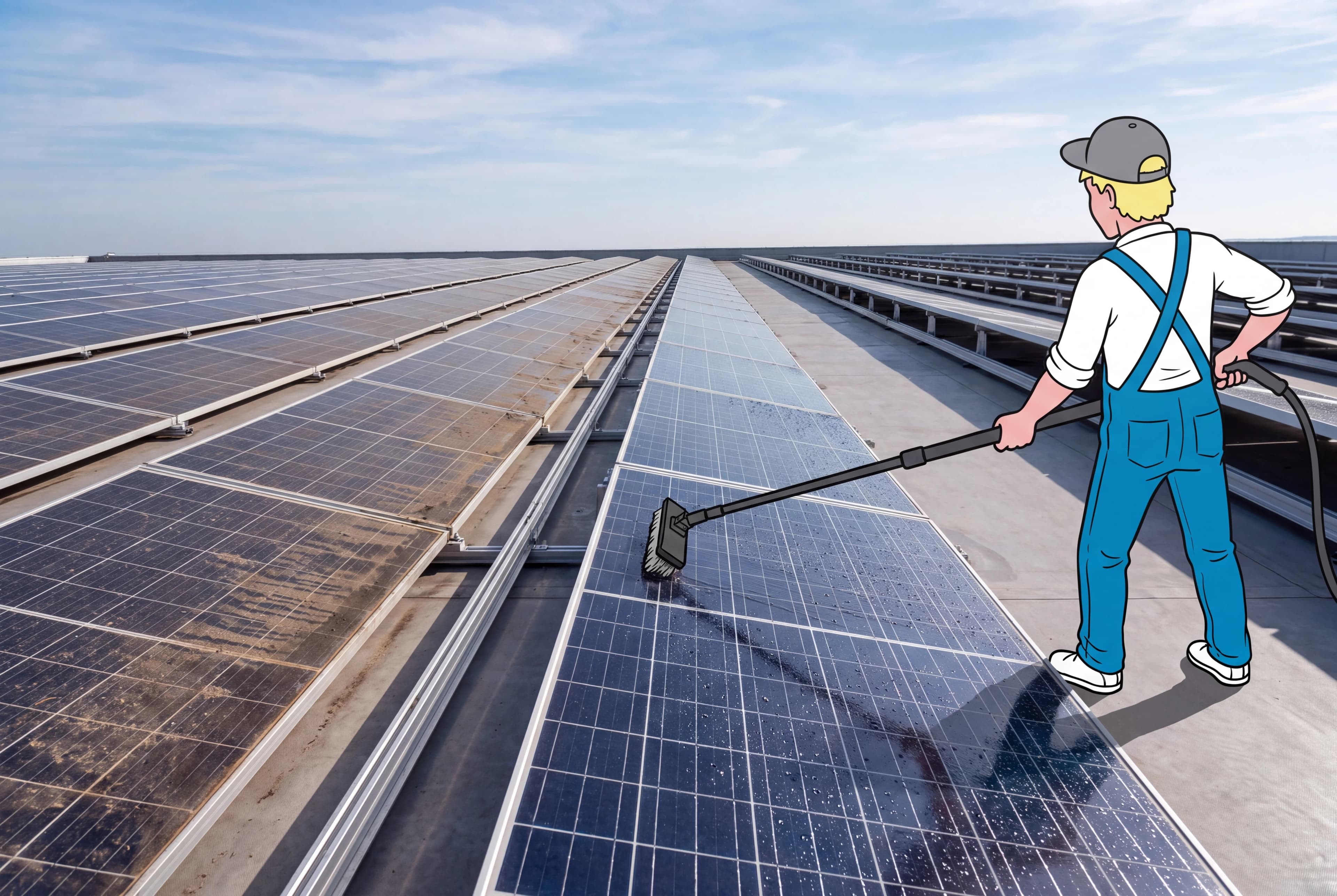 Solarmodule auf einem Dach werden mit einer rotierenden Bürste und Teleskopstange gereinigt