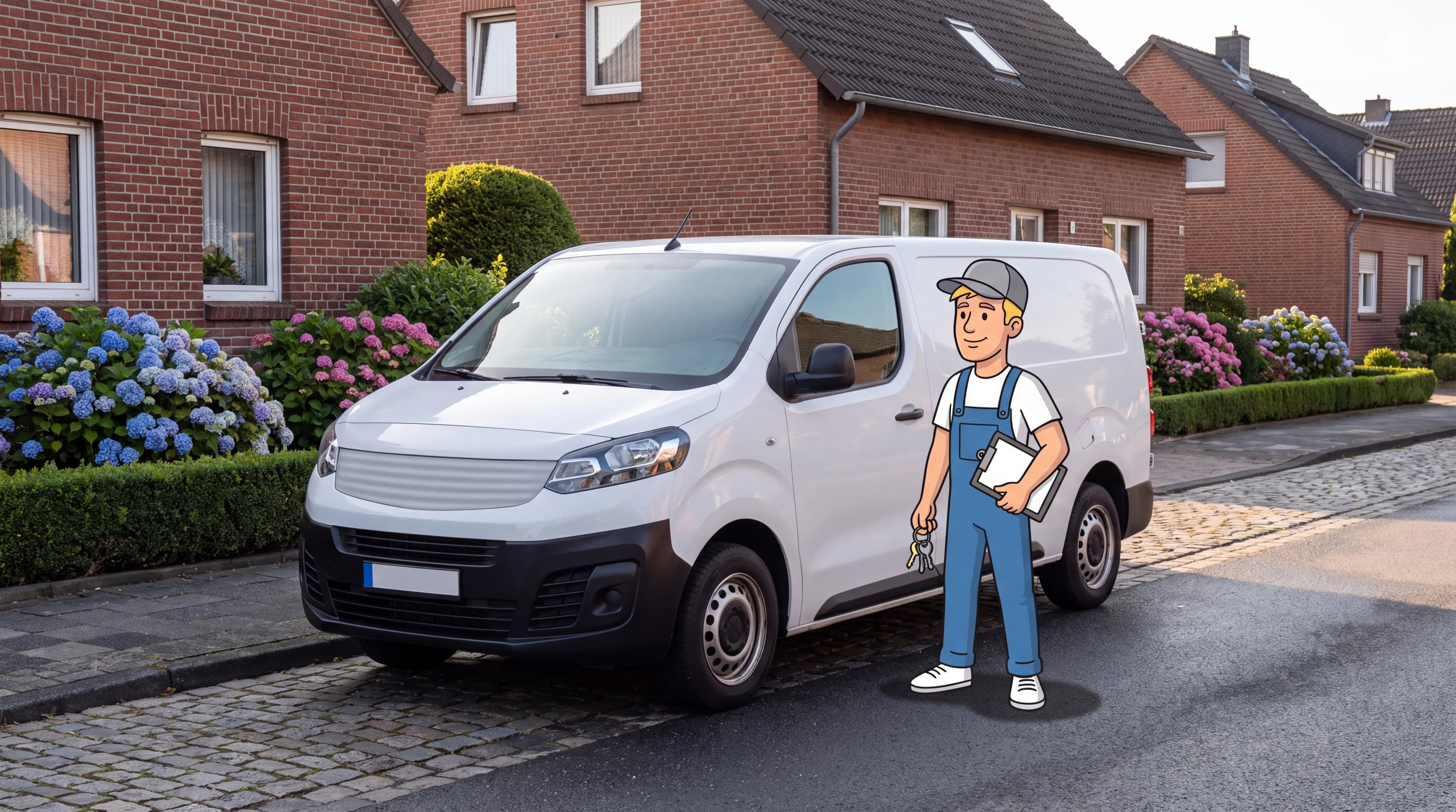 Firmenwagen der Gebäudereinigung Linden in einer Wohnstraße am Niederrhein