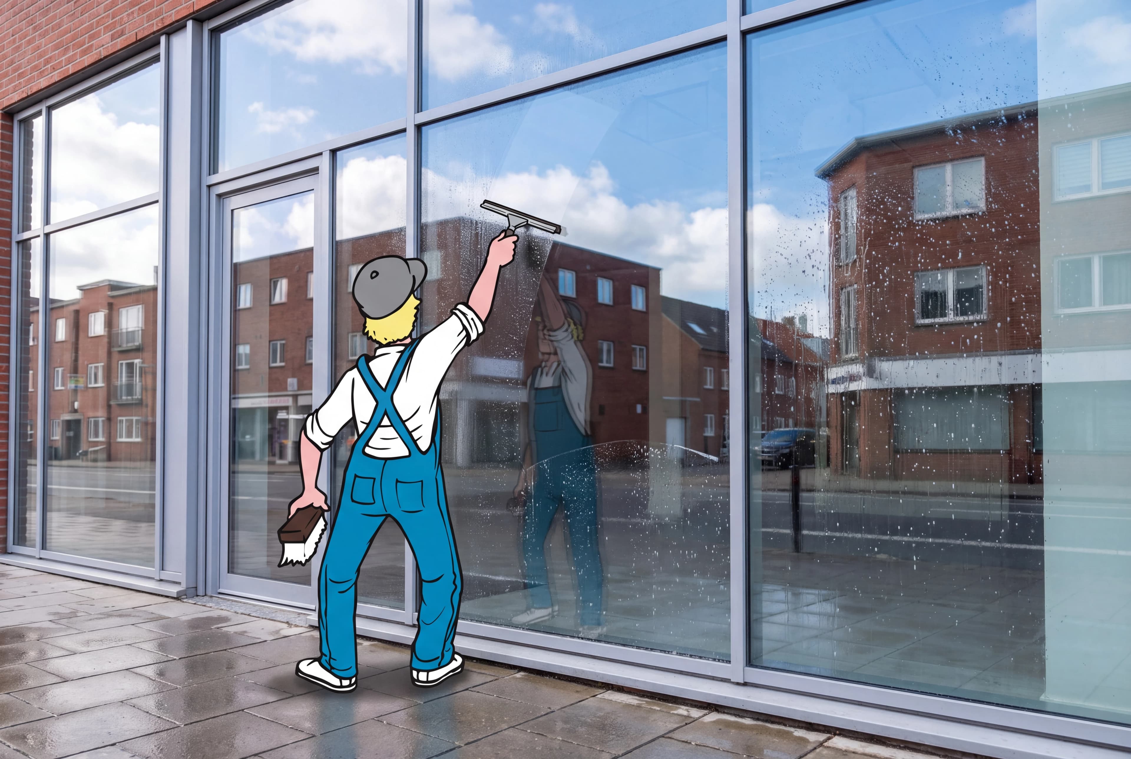 Glasreiniger zieht eine große Schaufensterscheibe mit dem Abzieher ab