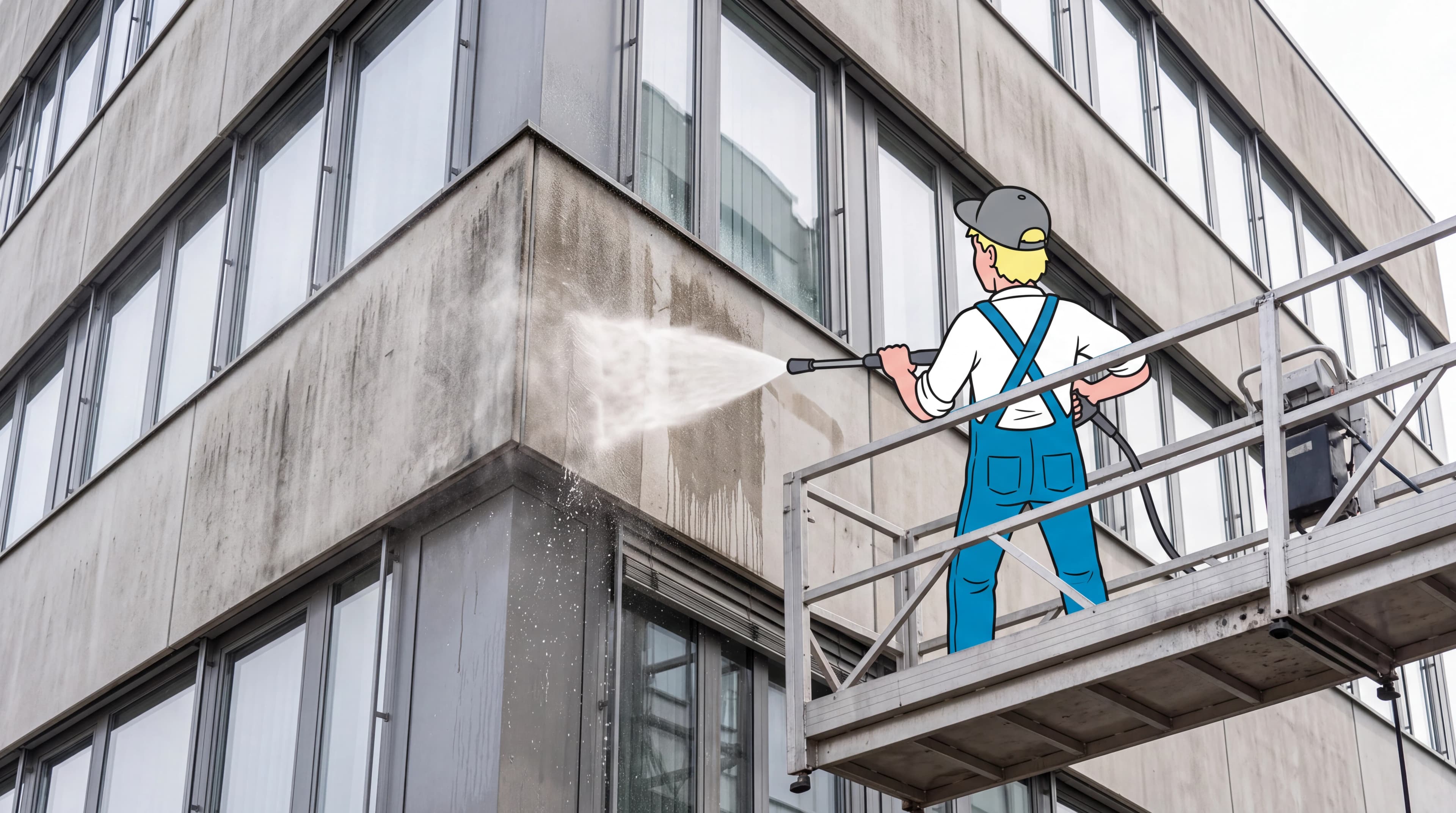 Fassadenreinigung an einem modernen Bürogebäude mit Heißwasser-Hochdrucklanze