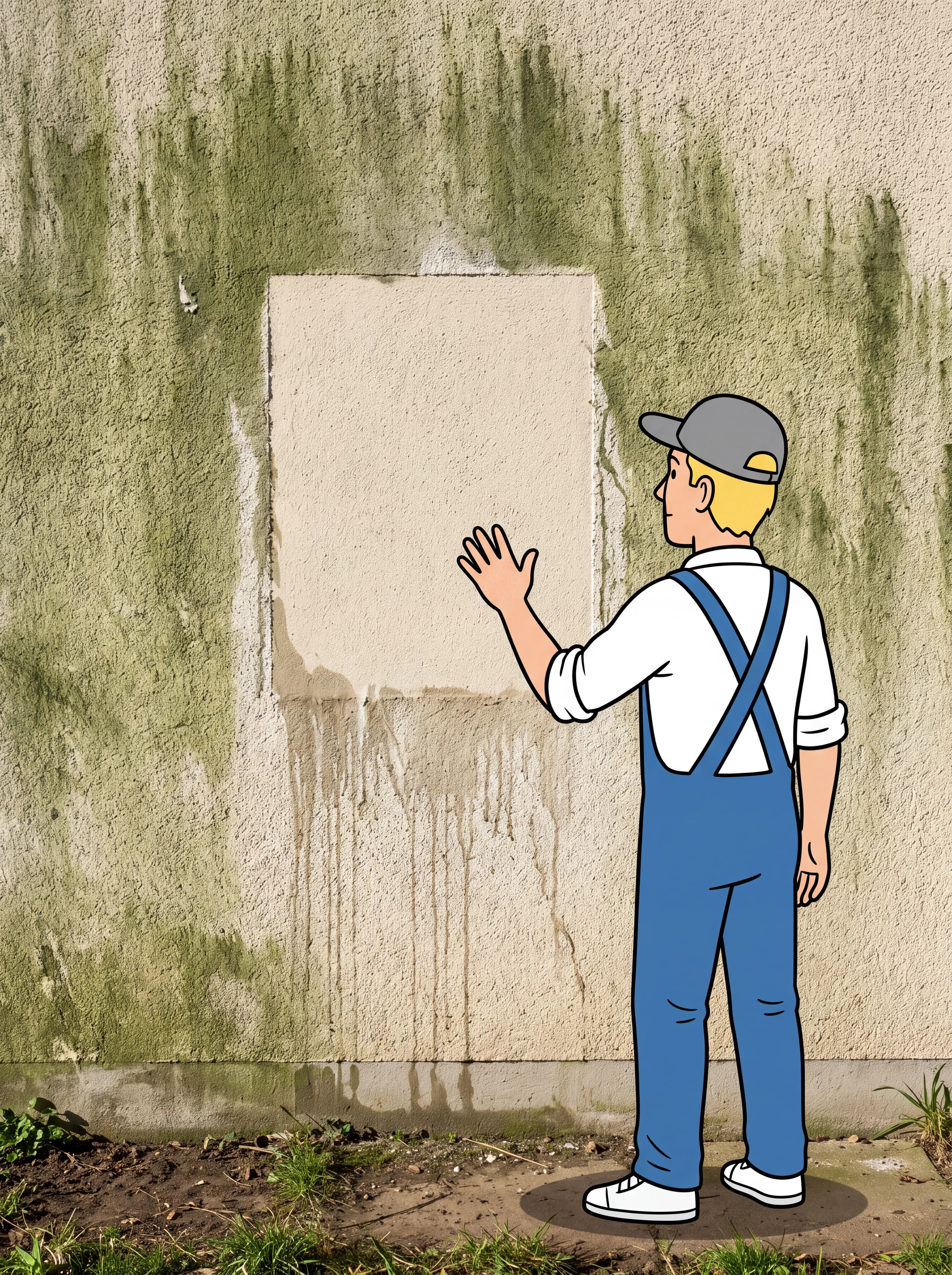 Mitarbeiter der Gebäudereinigung Linden prüft eine Probefläche an einer gereinigten Fassade