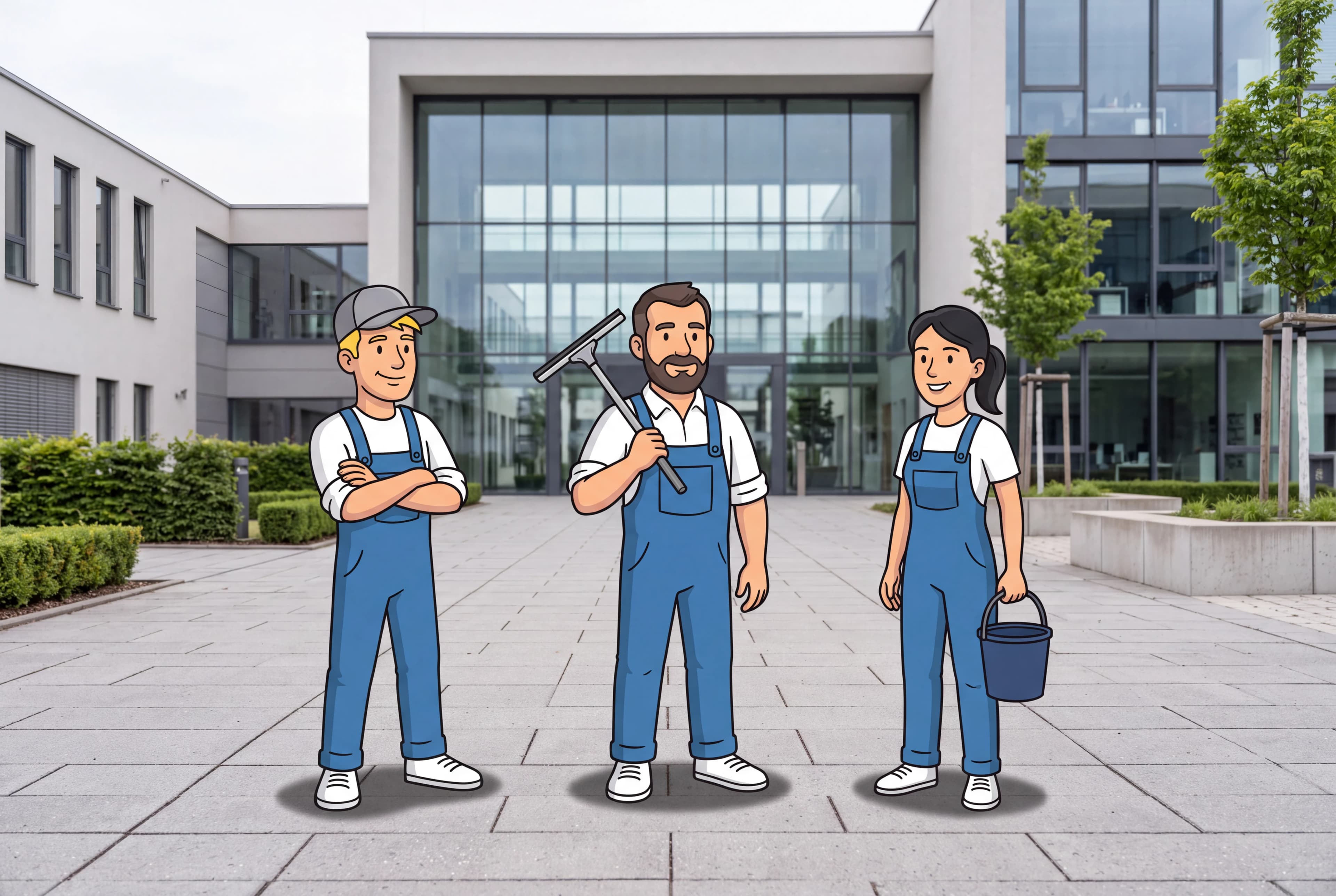 Das Team der Gebäudereinigung Linden vor einem Objekt am Niederrhein