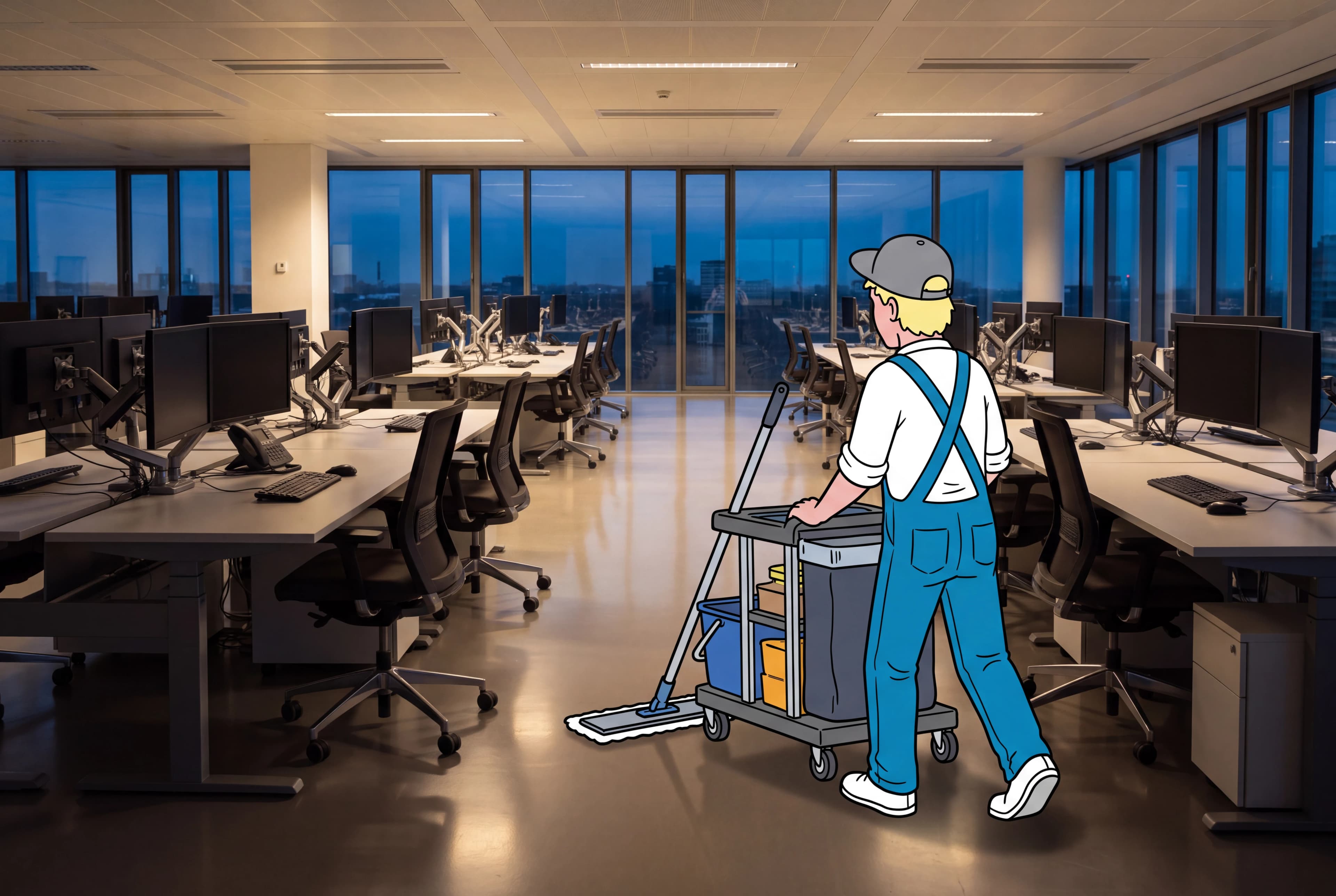 Reinigungskraft wischt einen Schreibtisch in einem modernen Büro ab